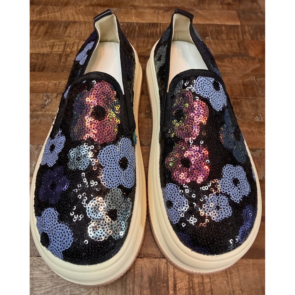 Floral Sequin Platform Slip On Sneakers Black Blue Purple Size 41 Womens